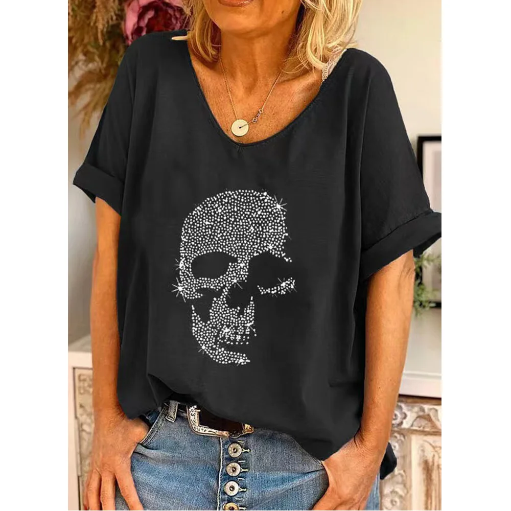 Top Trends: 2023 New Women T-shirt 3D Horror Skull Print Women V-neck Tops Short Sleeve Shirt Casual Street Versatile Clothing Ladies Tees Shoppable Styles