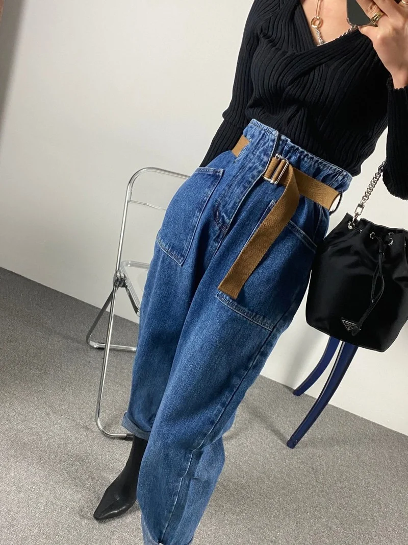 Top Trends: Fashion Vintage Mom Jean Loose Washed Denim Trousers 2021 Women Korean High Waist Ankle Length Baggy Belted Harem Jeans Pants Shoppable Styles