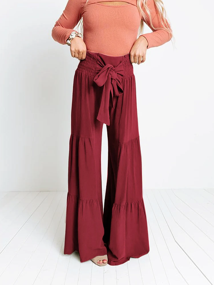 Top Trends: Casual Flared Wide Leg Pants Fashion Solid Pants Women Trousers Boho Elastic High Waist Lace Up Holiday Pants Shoppable Styles - Image 2