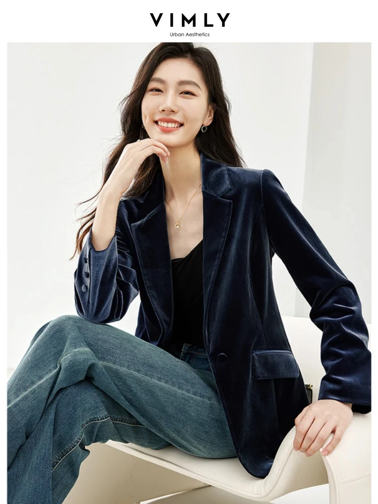 Top Trends: Vimly Blue Ashes Sheen Velvet Blazers For Women 2024 Spring Jacket Notched Business Office Lady Clothing Female Outerwears M2799 Shoppable Styles