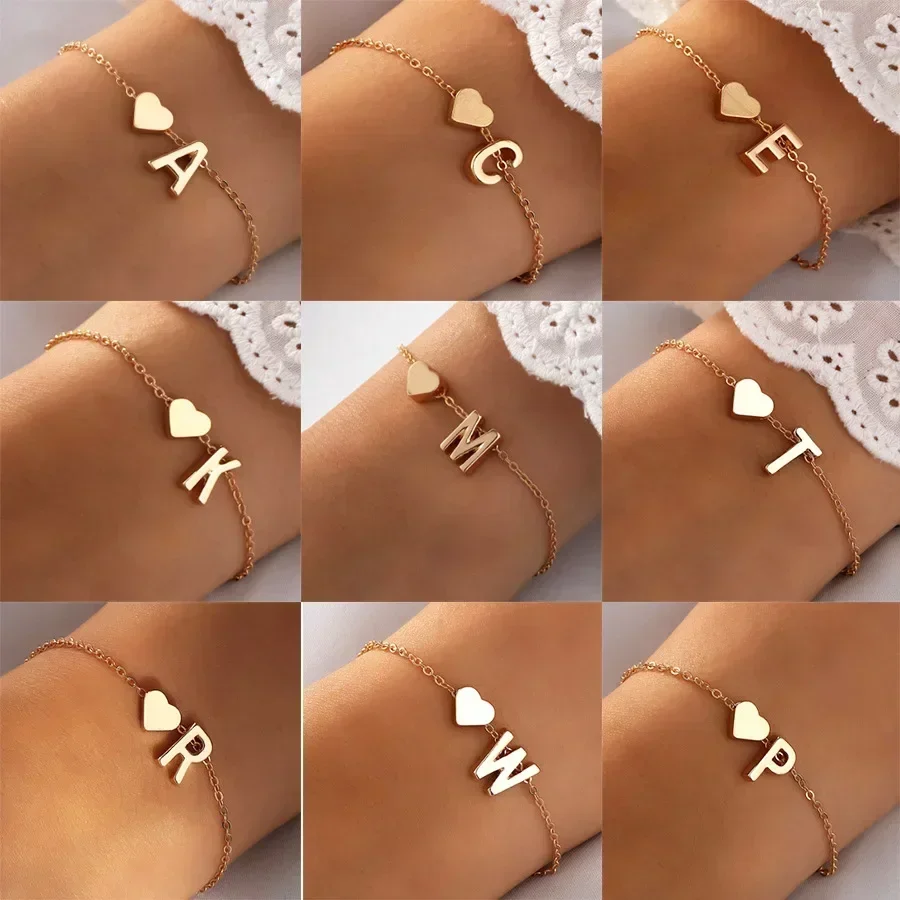 Top Trends: 26 English Initial Letter Bracelets For Lovers Women Men DIY Personalized Name Alloy Heart-shaped Bracelets Jewelry Anniversary Shoppable Styles