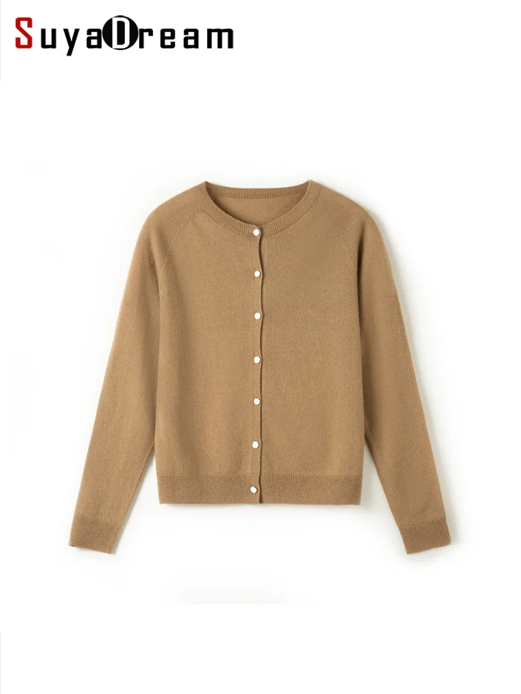 Top Trends: SuyaDream Woman 100% Sheep Wool Cardigans Singe Breasted O Neck Plain Knitted Jackets 2023 Fall Winter Simple Sweater Camel Black Shoppable Styles