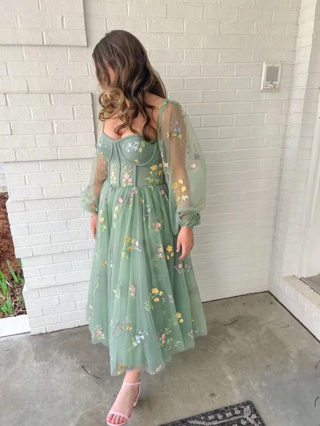 Top Trends: Romantic Vintage Green Prom Dress Princess Puff Long Sleeve Floral Embroidery Women Evening Dress Cocktail Girls Birthday Outfit Shoppable Styles