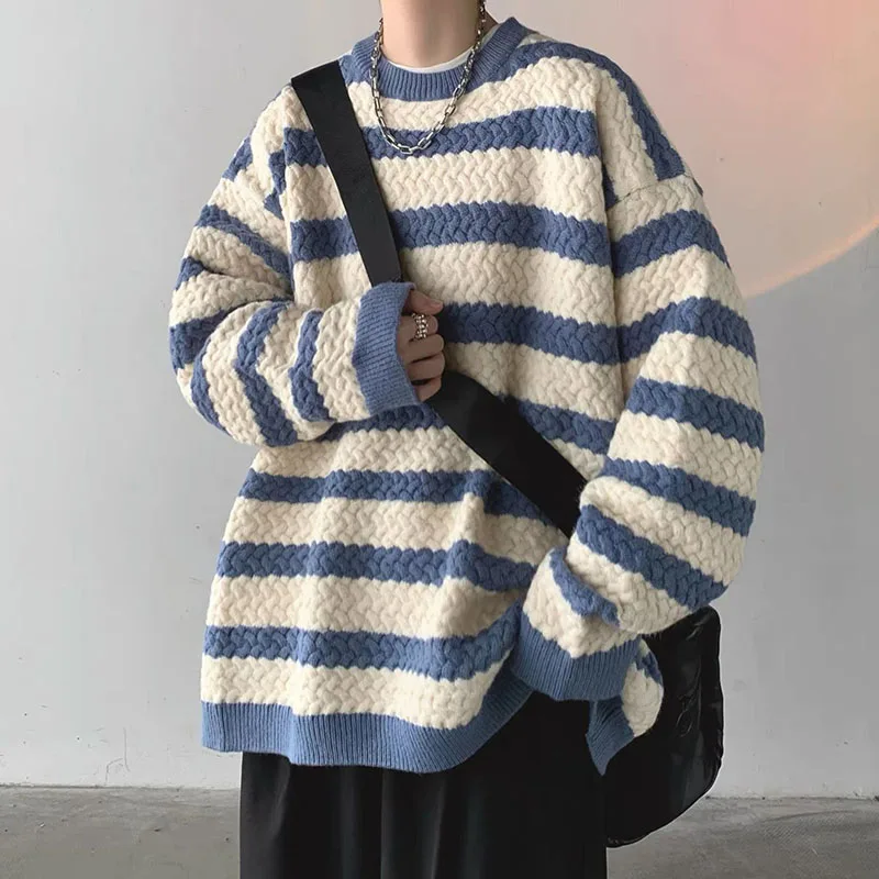 Top Trends: Fashion O-Neck Knitted Spliced Loose Korean Striped Sweater Men&#039;s Clothing 2022 Autumn New Casual Pullovers All-match Warm Tops Shoppable Styles