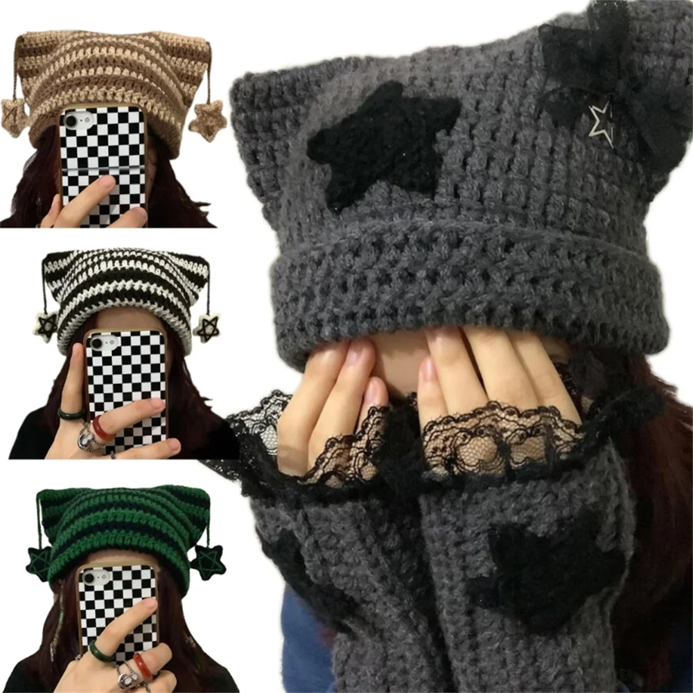 Top Trends: Y2K Crochet Stripe Pattern Cat Ear Hat Handmade Soft Winter Warmer Knitted Hat Cold Winter Presents For Students Teenagers Shoppable Styles