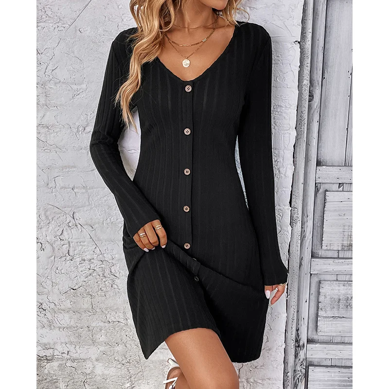 Top Trends: Autumn And Winter Elegant Fashion New Gentle Chic Dress Women Vintage Solid Color V Neck Long Sleeve Button Midi Knitted Robes Shoppable Styles