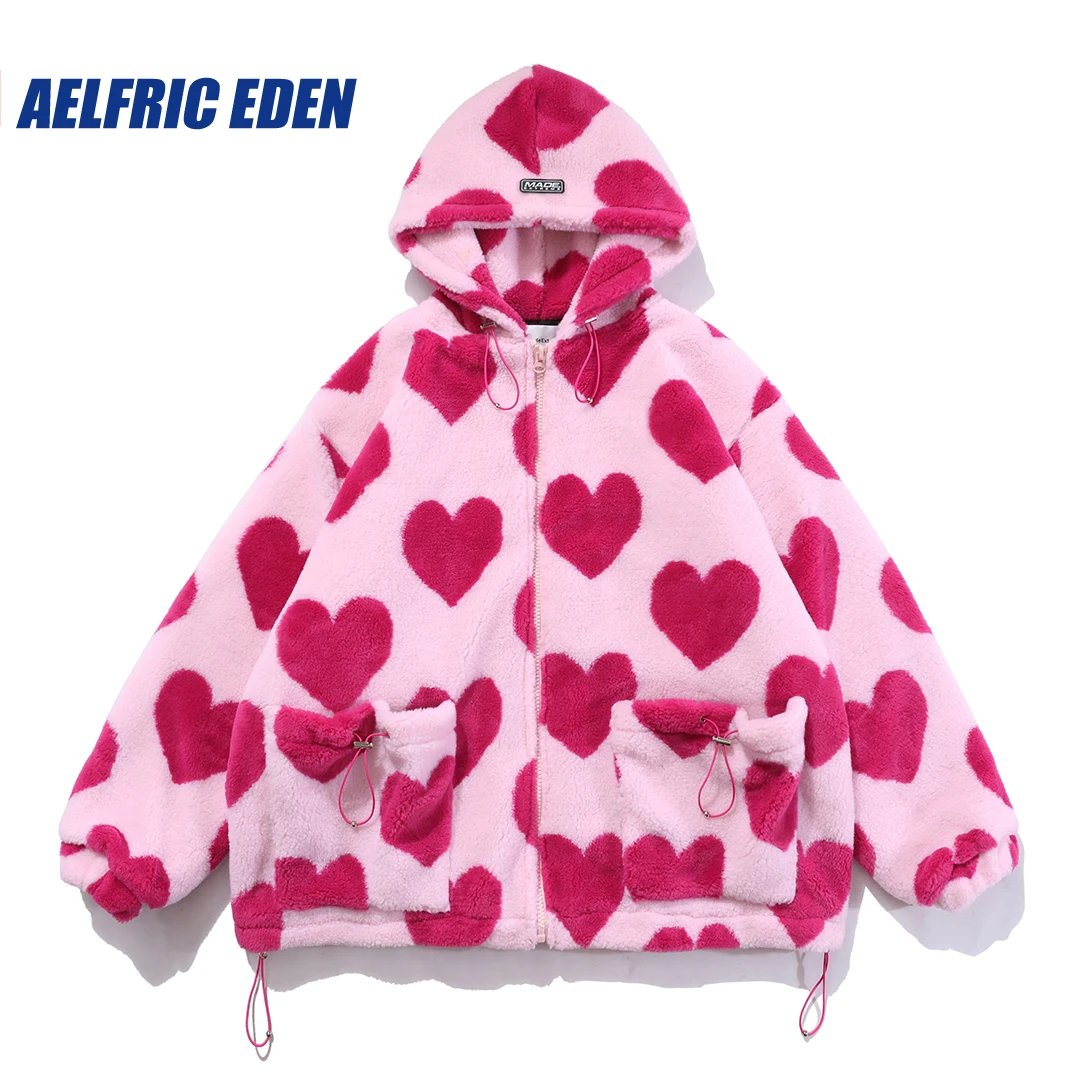 Top Trends: Vintage Heart Pattern Oversize Sherpa Coat Women Parka Flannel Sherpa Jacket Streetwear Casual Zipper Hooded Jacket Winter Top Shoppable Styles