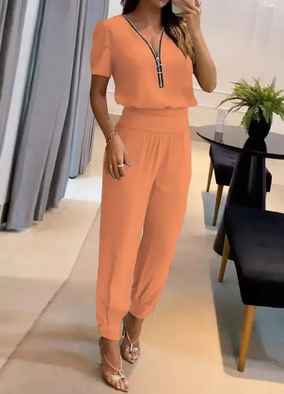 Top Trends: Two Piece Set Women Outfit 2023 Summer Fashion Puff Sleeve V-Neck Short Sleeve Top &amp; Casual High Waist Pocket Cuffed Pants Set Shoppable Styles