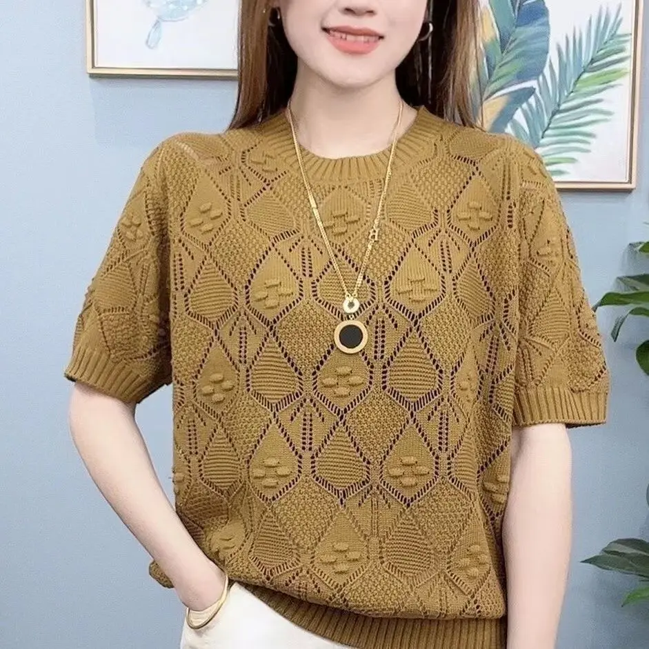 Top Trends: Hollow Out Jacquard Vintage Women Knitted Sweaters Korean Clothing Summer New Pullovers Loose Fashion Casual Short Sleeve Tops Shoppable Styles