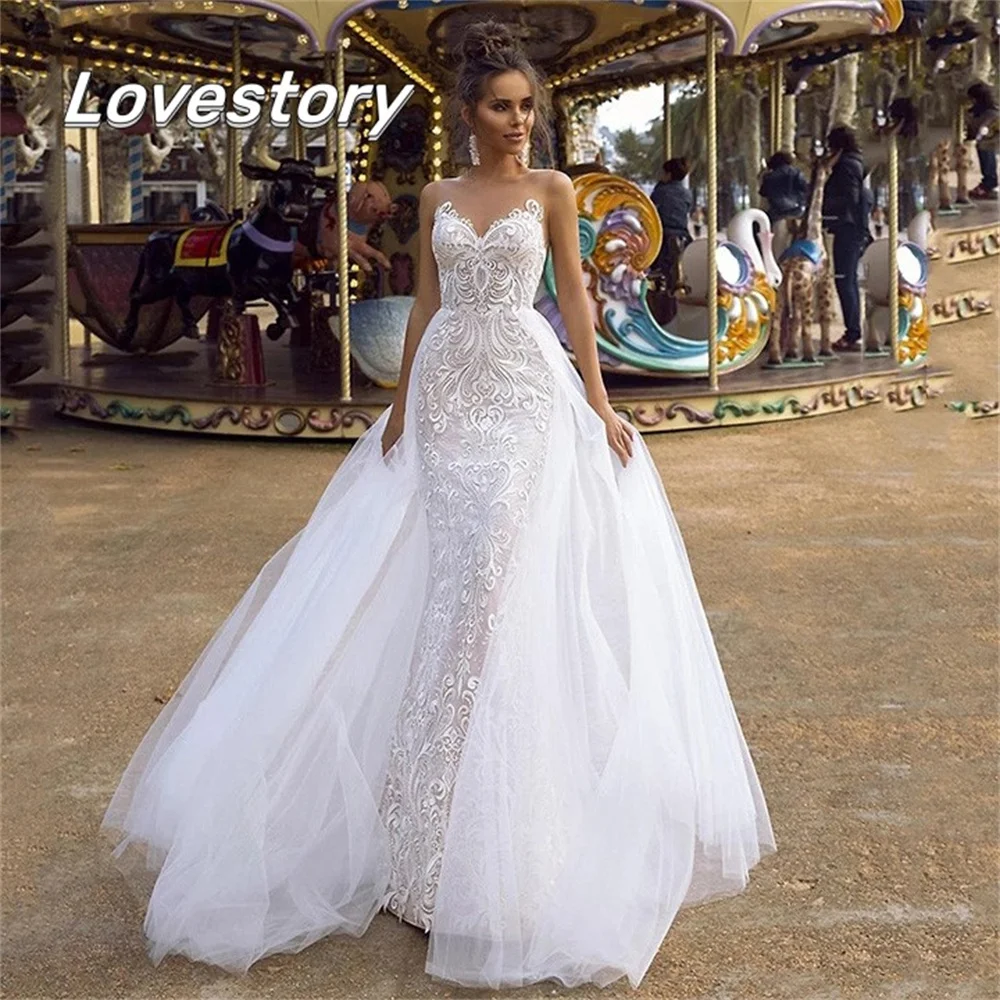 Top Trends: Lace Mermaid Wedding Dresses With Detachable Train Sexy Nude Neck Boho Bride Robe Custom Made Bridal Gowns New Vestidos De Noiva Shoppable Styles