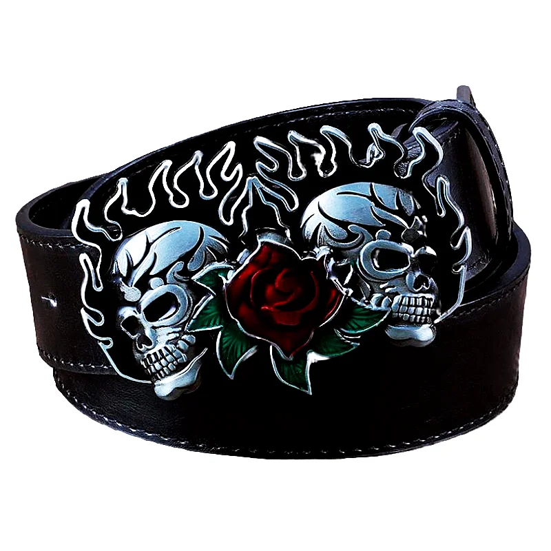 Top Trends: Drop Shipping Flame Skull Rose Flower Pattern Buckle Fashion Belt Double Skull Head Heavy Metal Rock Style Shoppable Styles