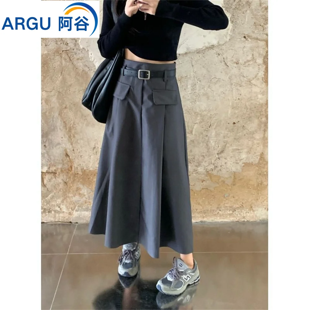 Top Trends: Grey Skirt Women Spring Summer Retro High Waist Slim New Long A-line Skirts New Korean Fashion Clothing Y2k Streetwear Women Shoppable Styles