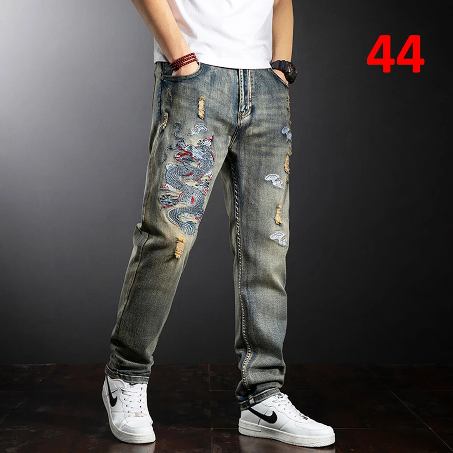 Top Trends: Dragon Embroidered Jeans Men Streetwear Denim Pants Fashion Ripped Jeans Pants Plus Size 38 40 Trousers Male Bottoms Shoppable Styles