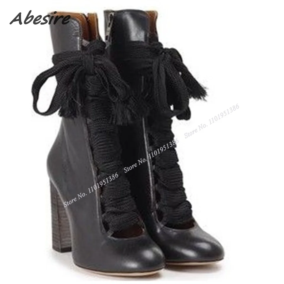 Top Trends: Abesire Black Hollow Lace Up Boots Wodden Heel Solid Shoes For Women Chunky High Heel Ankle Boots Knee High Zapatillas Mujer Shoppable Styles