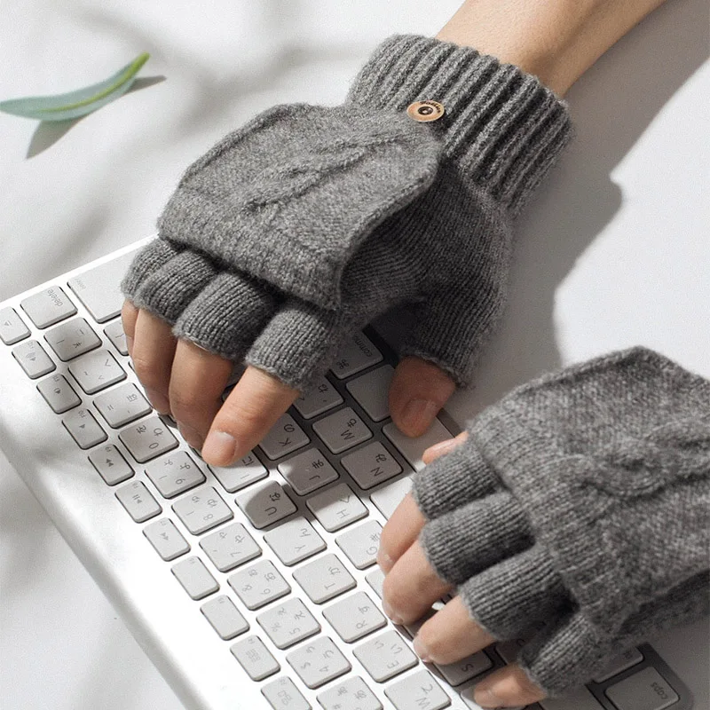 Top Trends: Wool Knitted Fingerless Flip Gloves Winter Warm Flexible Touchscreen Gloves For Men Women Unisex Exposed Finger Mittens Glove Shoppable Styles