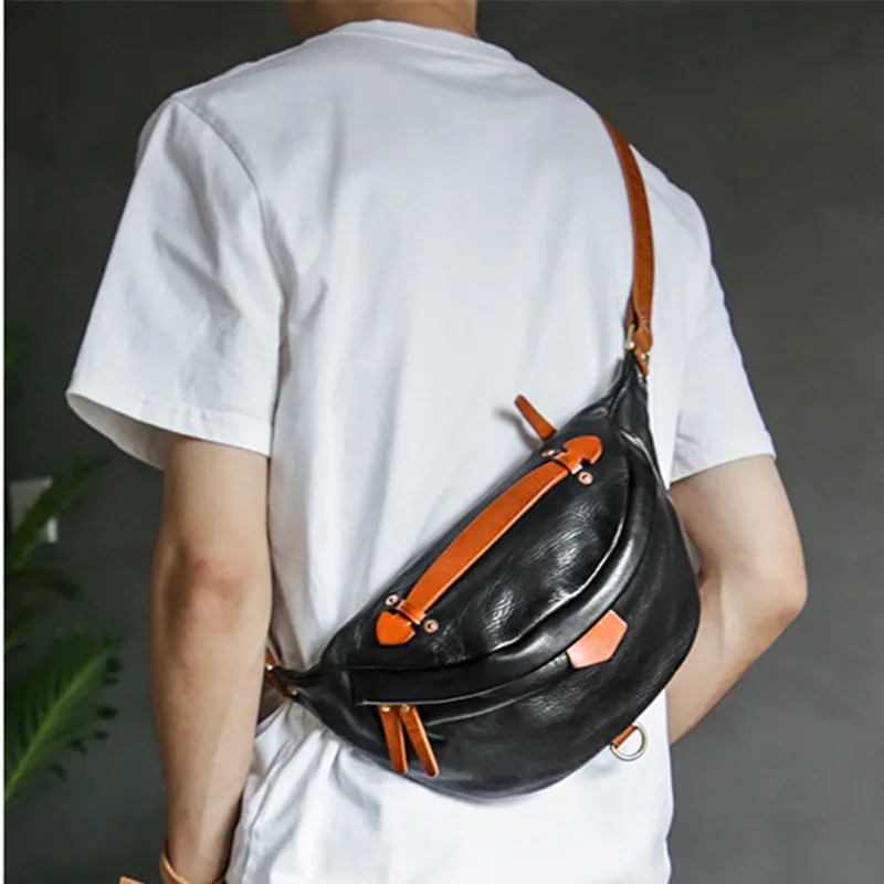 Top Trends: PNDME Retro Fashion Natural Real Leather Men Chest Bag Simple Casual Handmade Designer Top Cowhide Youth Diagonal Small Handbag Shoppable Styles - Image 3