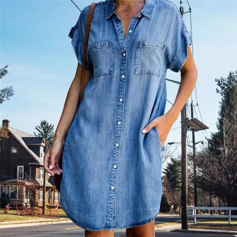 Top Trends: Women Denim Shirt Dresses Short Sleeve Distressed Jean Dress Button Down Casual Tunic Top Shoppable Styles