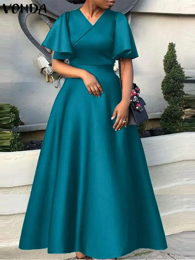 Top Trends: Summer Maxi Long Dress 2023 Women Elegant Wedding Party Sundress VONDA Casual Sexy V-Neck Short Sleeve Satin Solid Color Vestido Shoppable Styles - Image 3