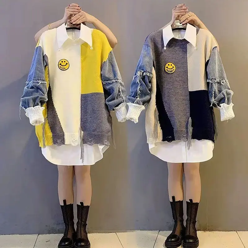 Top Trends: 2023 Winter New Cartoon Printing Denim Spliced Knitted Sweater Pullover Chiffon Shirt Two Piece Elegant Women's Sweater Set Shoppable Styles - Image 2