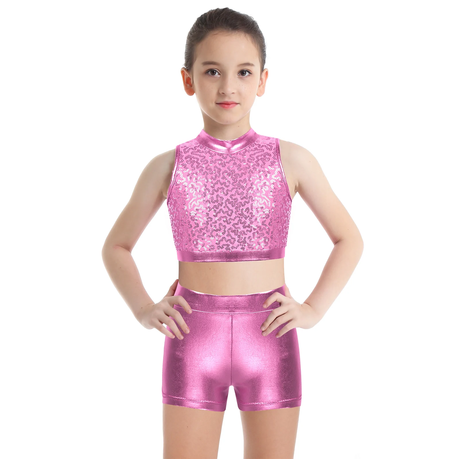 Top Trends: Girls Tap Hip Hop Jazz Dance Costume Ballet Dancewear Shiny Sequins Sleeveless Cutout Back Crop Top With Metallic Bottoms Outfit Shoppable Styles