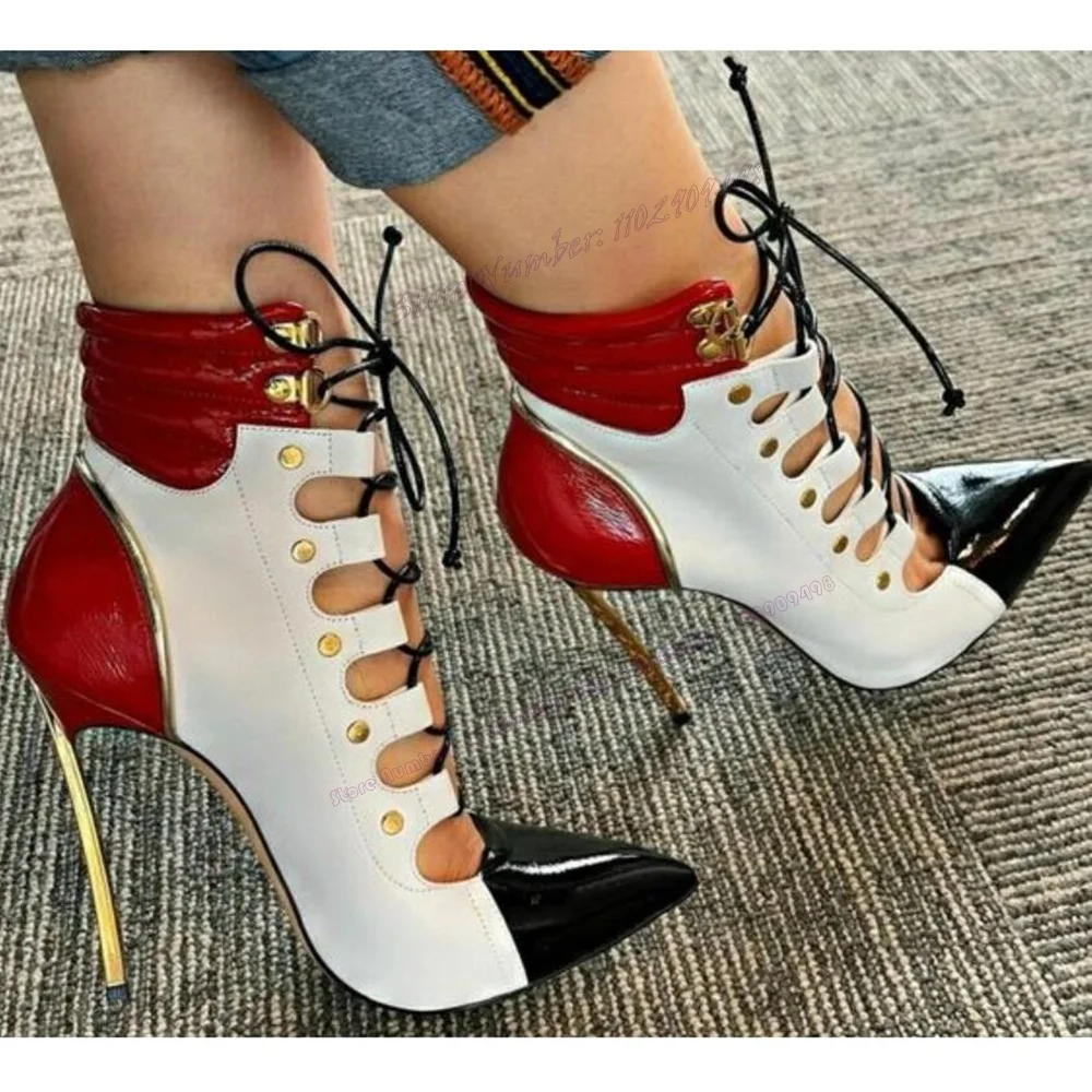 Top Trends: Hollow Out Metal Heel Ankle Boots Patchwork Pointed Toe Shoes For Women Thin High Heels Sexy Lady Shoes 2023 Zapatos Para Mujere Shoppable Styles