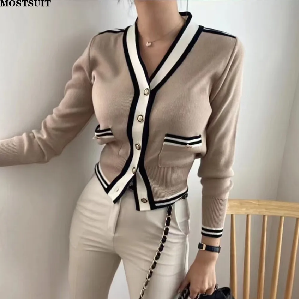 Top Trends: Striped Edge Korean Chic Knitted Sweater Cardigan Women Vintage Workwear Ladies Tops Knitwear Long Sleeve V-neck Jumpers 2022 Shoppable Styles