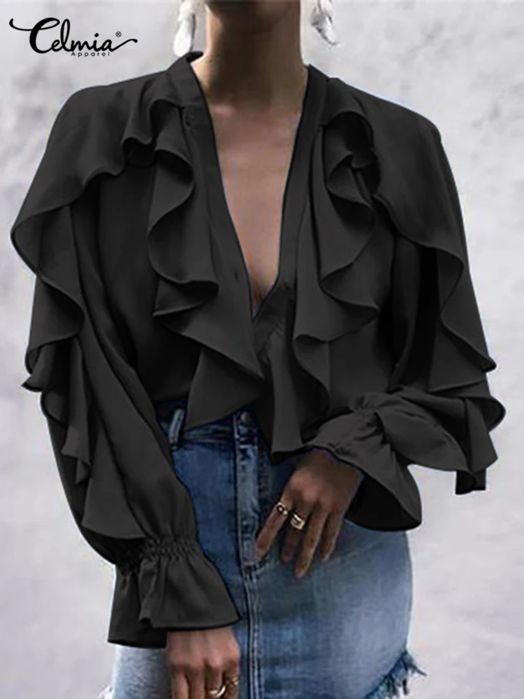 Top Trends: Celmia Women Ruffles Blouses 2023 Fashion Sexy V Neck Tops Elegant Long Sleeve Flare Cuff Shirts Casual Button Up Party Blusas Shoppable Styles - Image 2