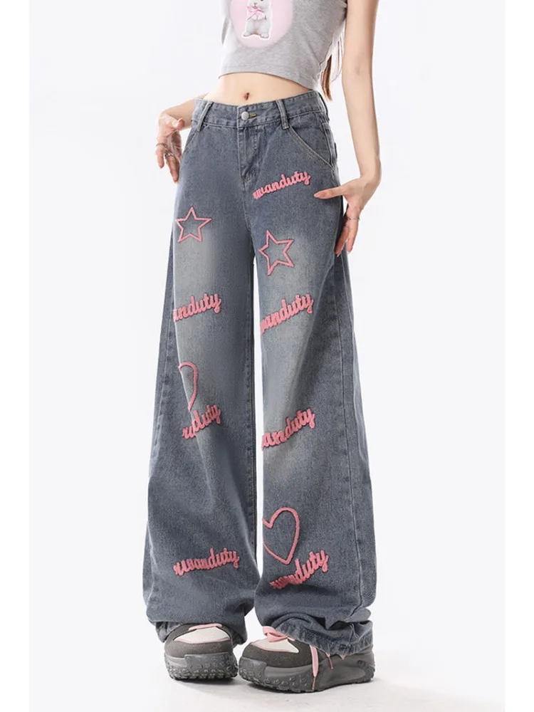 Top Trends: QWEEK Vintage 90s Streetwear Star Blue Jeans Women Y2K Grunge Distressed Embroidery Oversized Wide Leg Denim Pants Female Retro Shoppable Styles