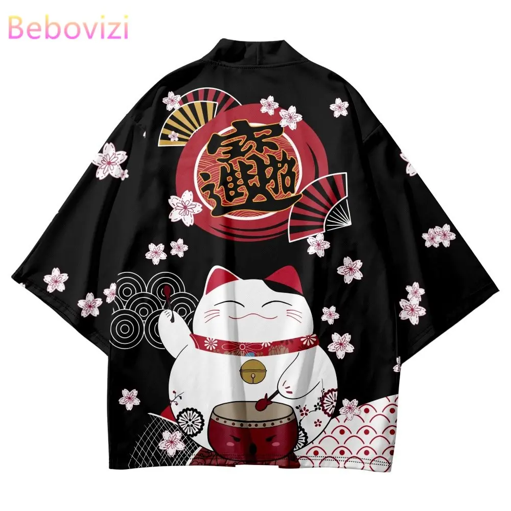 Top Trends: Fashion Beach Yukata Japanese Cartoon Lucky Cat Cardigan Kimono 2023 Women Men Harajuku Sakura Fan Print Haori Cosplay Shirts Shoppable Styles