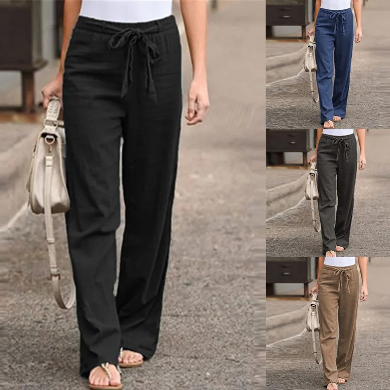 Top Trends: Women Cotton Linen Pants 2023 Summer Fashion Elastic Waist Loose Straight Pants Female Casual Solid Color Ankle-length Trousers Shoppable Styles