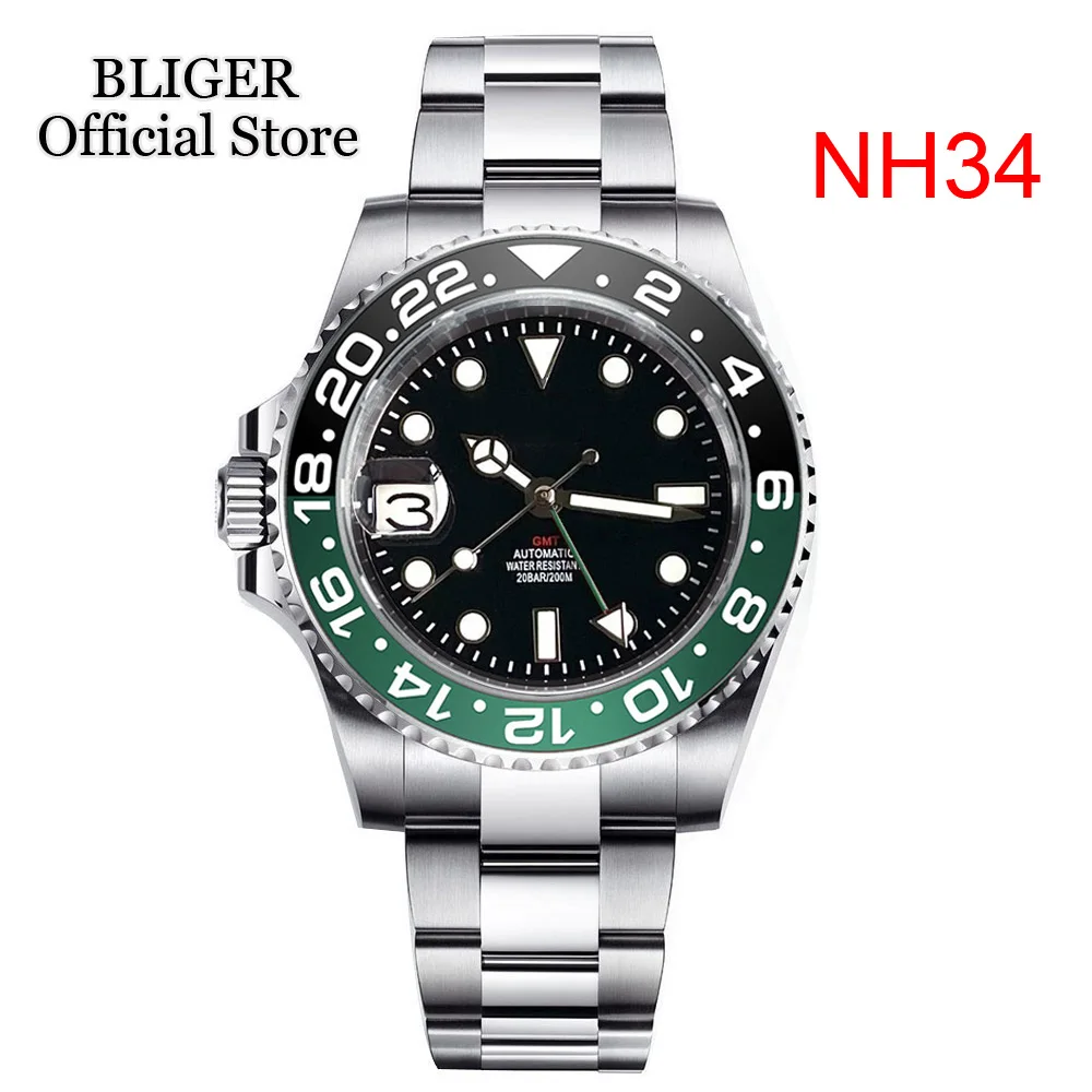 Top Trends: 40mm Left Hand NH34A 200M Waterproof 40mm Black Dial GMT Function NH34 GMT Automatic Watch Men Ceramics Alloy Bezel 2023 New Shoppable Styles