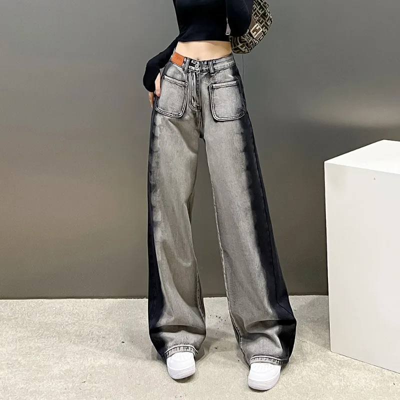 Top Trends: Women's High Waist Color-blocked Patchwork Pocket Button Straight Wide Leg 2023 Spring And Autumn New Fashion Full Length Jeans Shoppable Styles