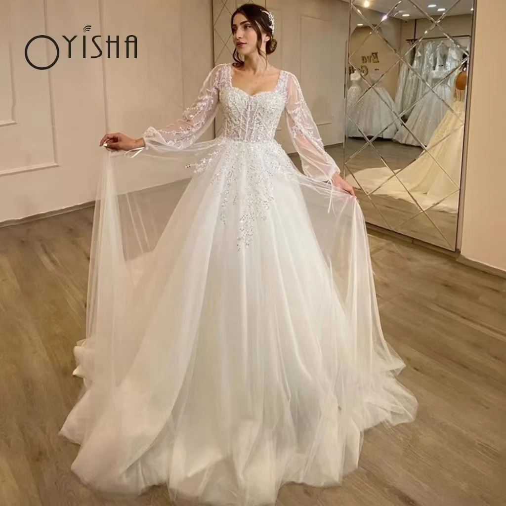 Top Trends: OYISHA White Wedding Dresses Sweetheart Shiny Appliques Grace Bridal Gowns 2023 Puff Sleeve Tulle A-Line Princess Robe De Marie Shoppable Styles