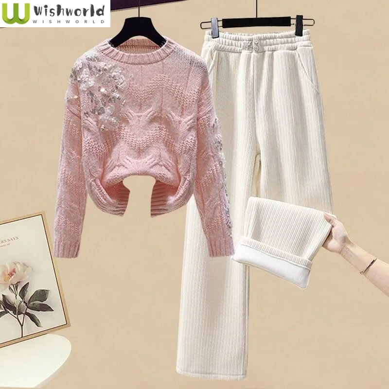 Top Trends: Kpop Winter New Plush Thickened Wide Leg Pants Sequin Decoration Knitted Sweater Pullover Two-piece Elegant Women&#039;s Pants Set Shoppable Styles