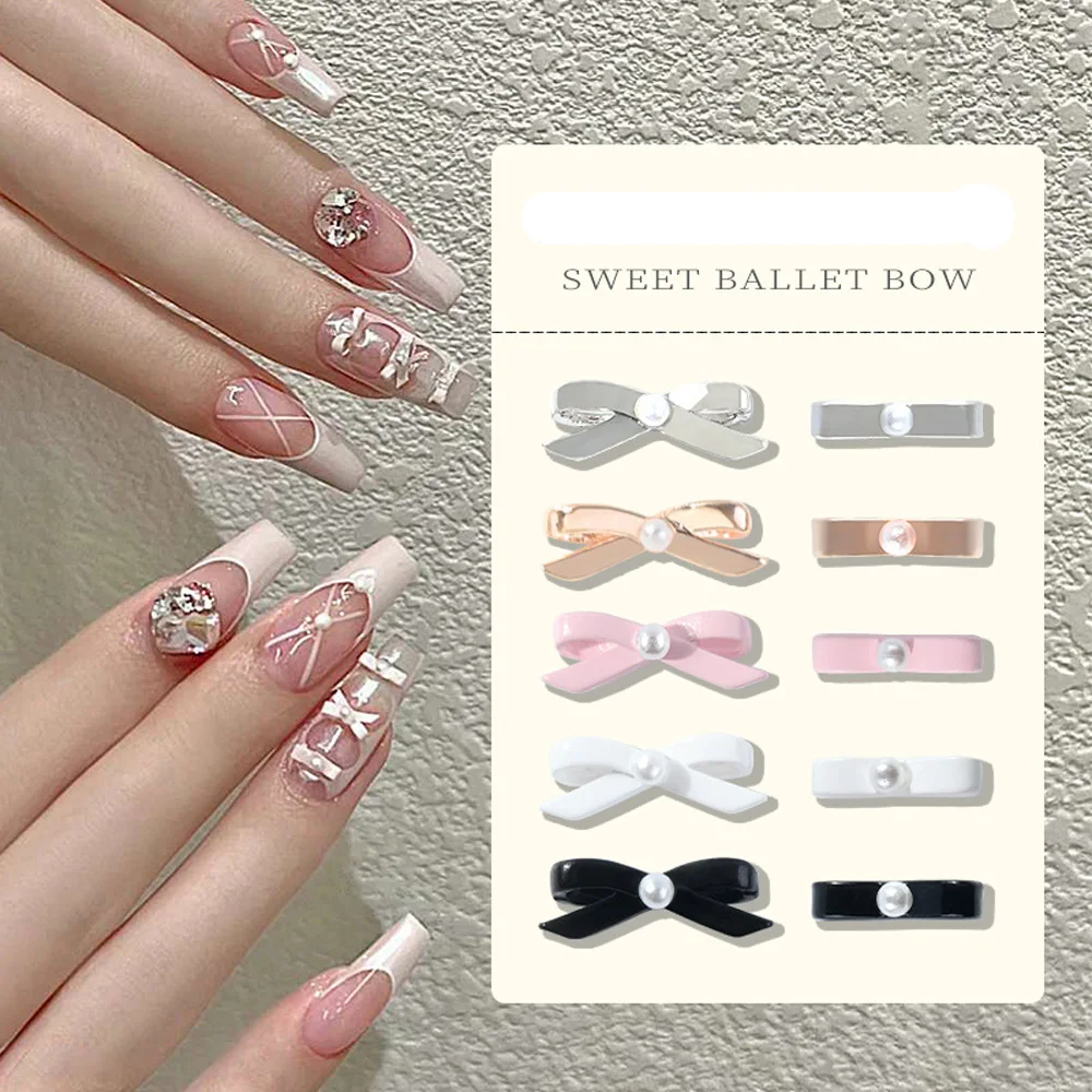 Top Trends: 10pcs Pink Ballet Ribbon Nail Charm 3D Pearl Ballerina Girl Alloy Bows Ribbon Nail Decor Parts DIY French Fashion Nail Art Parts Shoppable Styles