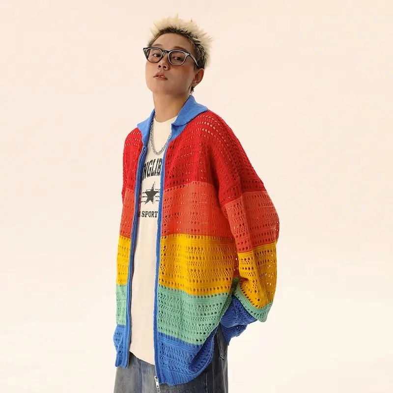 Top Trends: Men Harajuku Crocheted Sweatercoat Rainbow Festival Fashion Y2K Zipper Sun Protection Clothes Autumn Hollow Long Sleeve Cardigan Shoppable Styles