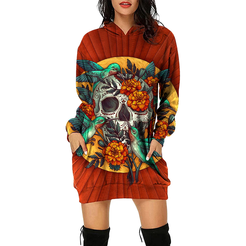 Top Trends: Halloween Hooded Sweatshirt Women&#039;s Y2K Skull 3D Print Short Dress Autumn Long Sleeve Pullover Fashion Long Sweatshirts Hoodies Shoppable Styles