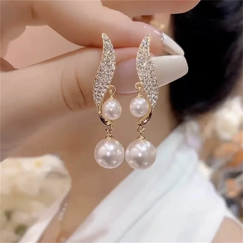 Top Trends: 2023 New Classic Elegant Imitation Double Pearl Dangle Earrings For Women Crystal Long Tassel Drop Earring Wedding Jewelry Gifts Shoppable Styles