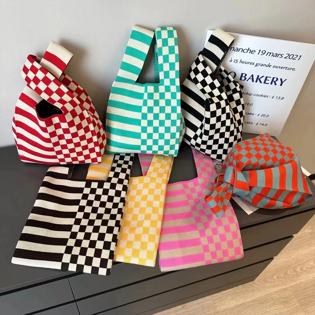 Top Trends: Women Korean Niche Design Tote Bag Striped Plaid Bag Mini Girls Shoulder Bag Handmade Knot Wrist Bag Reusable Love Knit Hand Bag Shoppable Styles