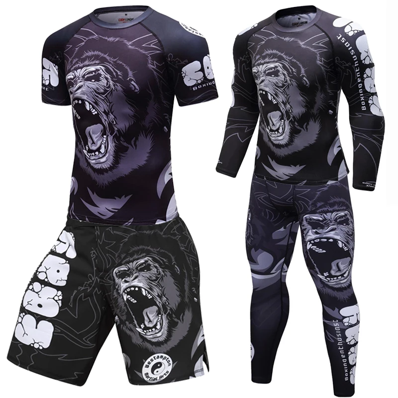 Top Trends: New Men Boxing Set Compression Jersey Pants 3D Orangutan Print Rashguard Kickboxing Tight T-shirts Pants Muay Thai MMA Fightwear Shoppable Styles