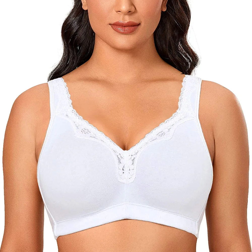 Top Trends: Wire Free Plus Size Wirefree Cotton Bra Women Soft Cup Sleeping Underwear Minimizer Bra Full Coverage C D E F G H I Shoppable Styles