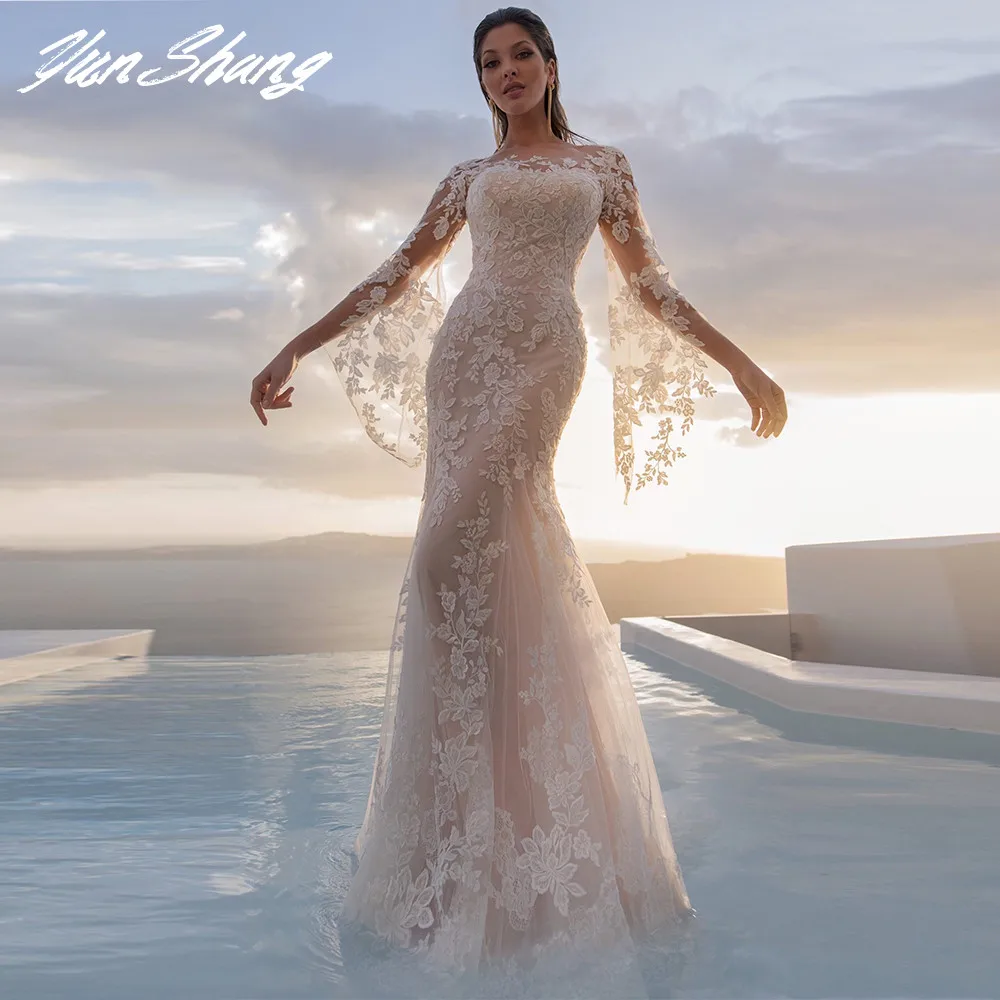 Top Trends: YunShang Long Flare Sleeve Lace Mermaid Wedding Dress 2024 Sheer O-Neck Gorgeous Bridal Gown With Button Back Train Custom Made Shoppable Styles