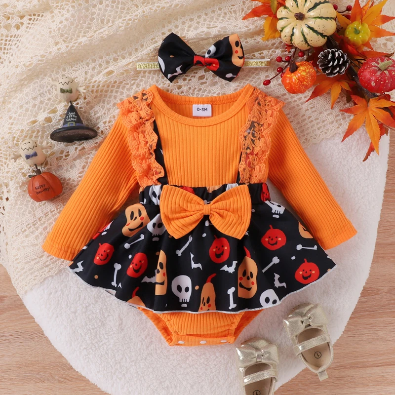 Top Trends: Halloween 0-1Y Baby Girls Romper Dress Long Sleeve Crew Neck Pumpkin Ghost Skull Print Romper With Bow Headband Shoppable Styles