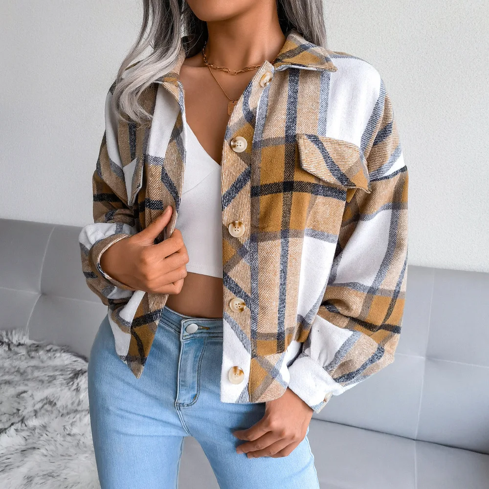 Top Trends: Autumn Winter Women Plaid Woolen Jacket Turn-down Collar Short Top Lantern Sleeve Ladies Casual Fashion Single Breasted Coat Shoppable Styles