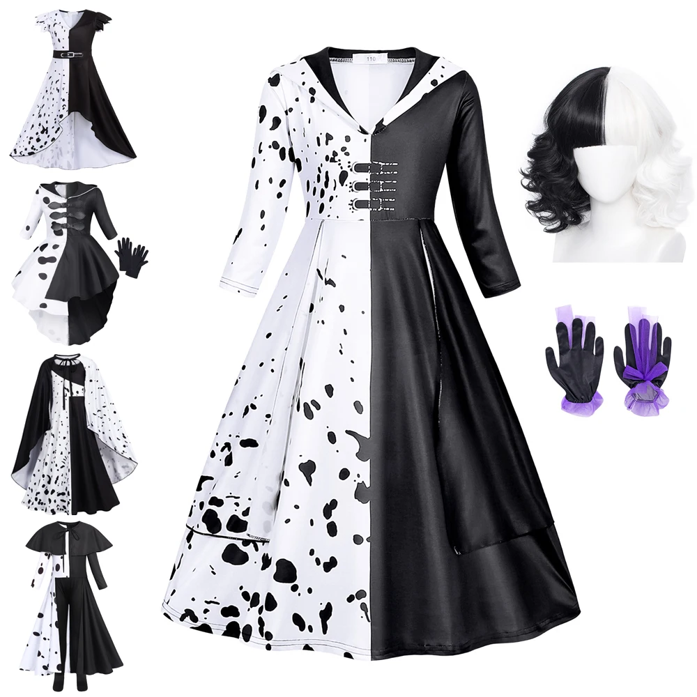 Top Trends: Jurebecia Girls Villains Cruella Deville Dress Up Costume Kids Movie Halloween Cosplay Outfit With Gloves Wig Shoppable Styles