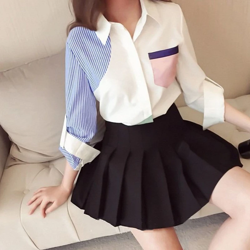 Top Trends: Pockets Patchwork Striped Women&#039;s Clothing Fashion Casual Office Lady Loose Button Asymmetrical Turn-down Collar Blouses Simple Shoppable Styles