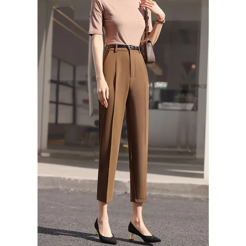 Top Trends: Office Lady Fashion Coffee Harlan Suit Pants Spring Summer Thin Women Koreon Women High Waist Casual Slim Cropped Trousers 2023 Shoppable Styles - Image 6