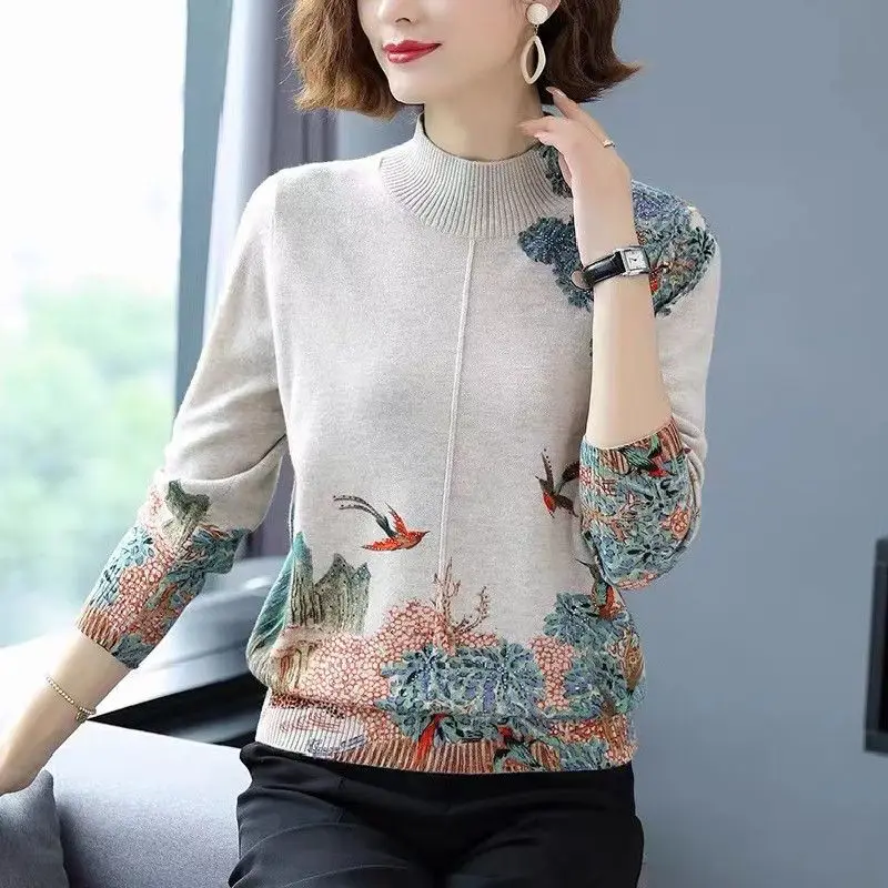 Top Trends: Fashion Vintage Natural Scenery Printed Patchwork Sweaters Women's Clothing Autumn Winter Half High Collar Screw Thread Jumpers Shoppable Styles