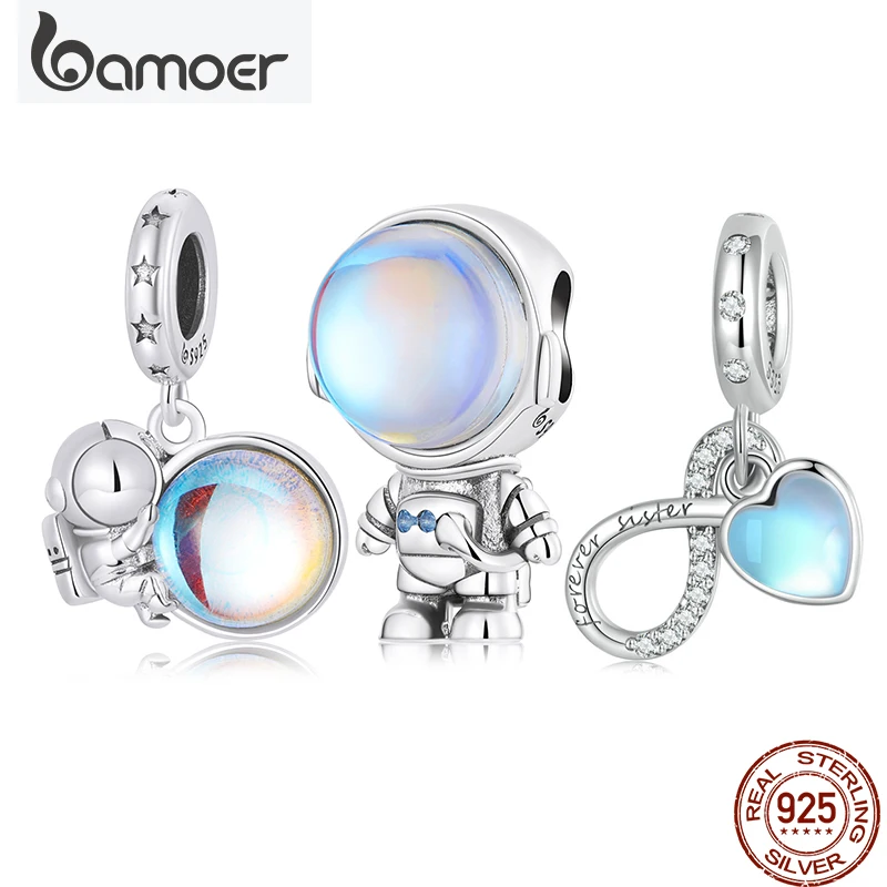 Top Trends: Bamoer 925 Sterling Silver Cute Astronaut Charm Eternal Sisterhood Moonstone Pendant Fit Female Bracelet Beads DIY Fine Jewelry Shoppable Styles