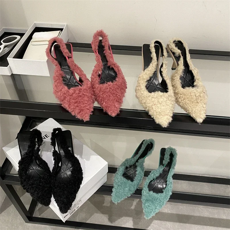 Top Trends: Winter High Heel Plush Slides Woman Fashion Elegant Pointed Toe Lamb Hair Slippers Ladies Luxury Plush Evening Party Pump Shoes Shoppable Styles